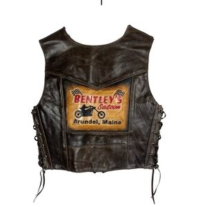 VTG Womens Lace Up Leather Vest Brown Small Bentley's Saloon Arundel Maine Biker